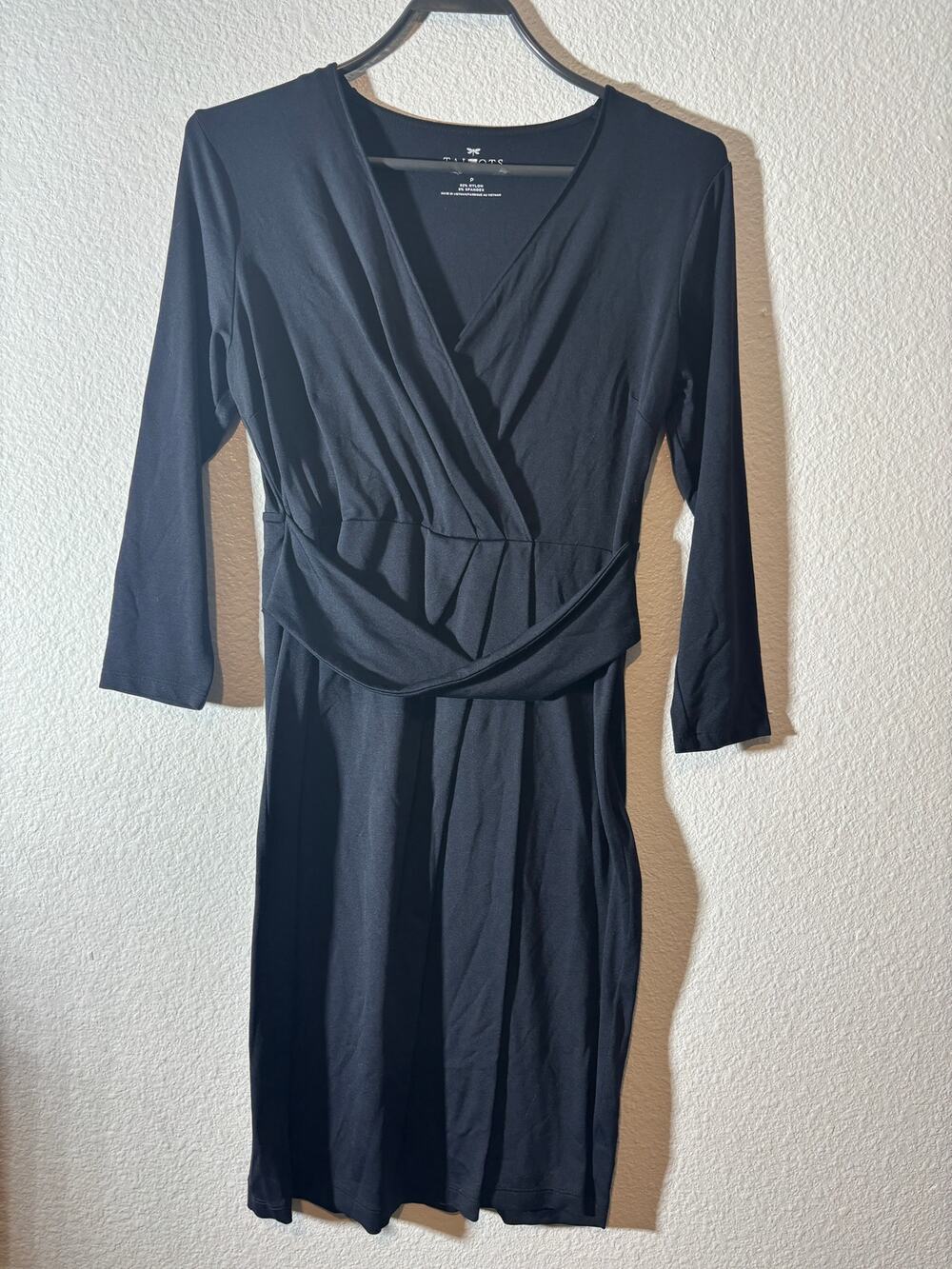 Talbots Size Petite P (XS) Black Faux Wrap Long Sleeve Stretchy Sheath Dress
